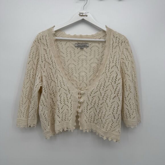 Avenue Cream Crochet Button Front Cropped Cardigan Top Size 14/16 Boho - Picture 1 of 7